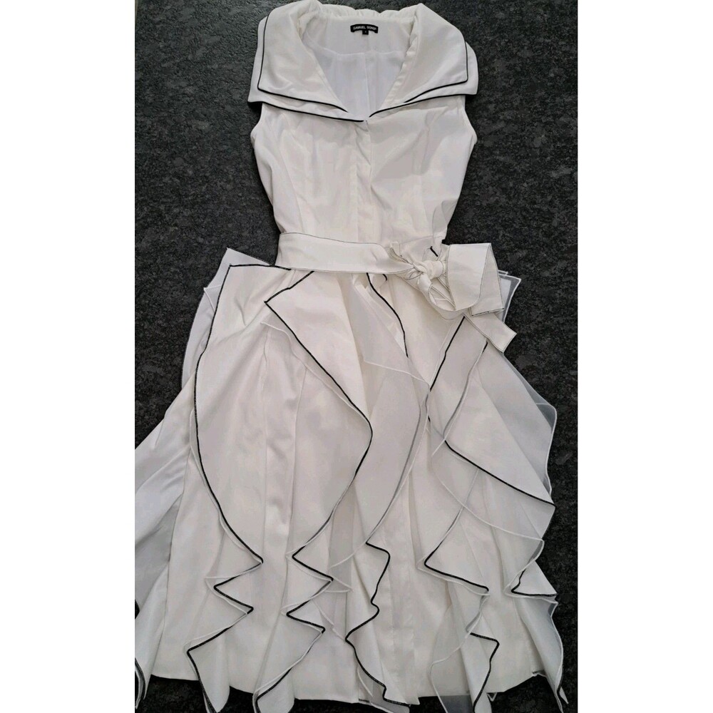 Samuel Dong White Tiered Ruffle Dress Sleeveless w/ Black Piping Size Small